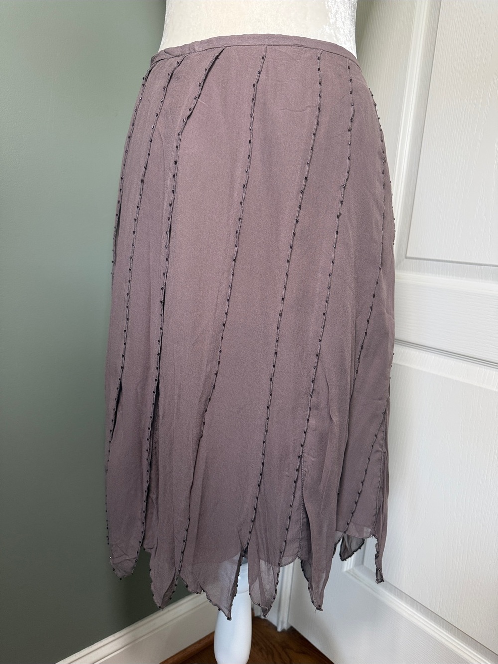 Lapis Y2K 100% Silk Beaded Purple Handkerchief Hem Midi Skirt NWT M